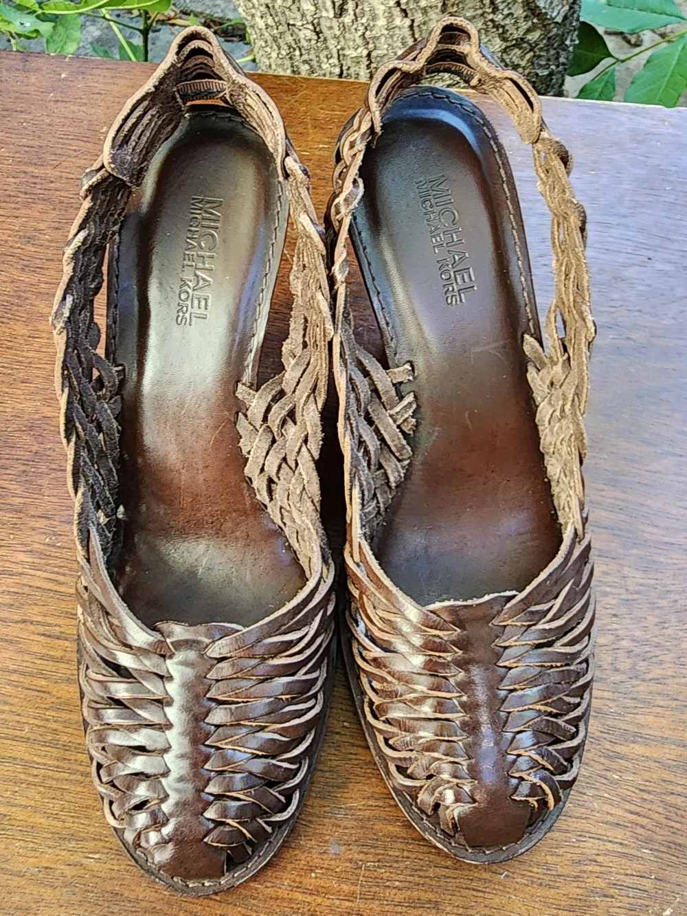 Michael Kors Vachetta Brown Woven Leather Huarache Slingback Wedge Sandals Sz 8
